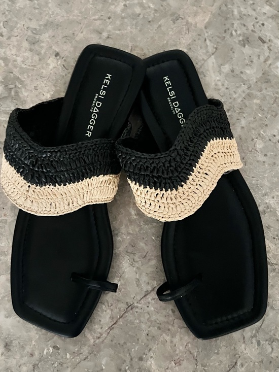 Kelsi Dagger Shoes - Kelsi Dagger Black and Natural Woven Toe-Loop Slide Sandals